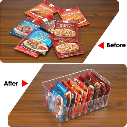 BSTKEY Seasoning Packet Organizer, Food Storage Organizer with Divided 8 Removable Compartments, Plastic Storage Caddy for Kitchen Pantry Cabinet, Kitchen Organization Bin for Snacks Spice Packets