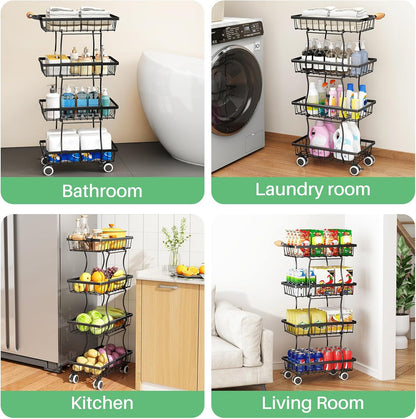 SAYZH Fruit Basket Kitchen Pantry Organizers and Storage - 4 Tier Stackable Metal Wire Basket Stand for Fruit Vegetable Snacks Jars Bins Containers Organization(Black, 4 Tiers)