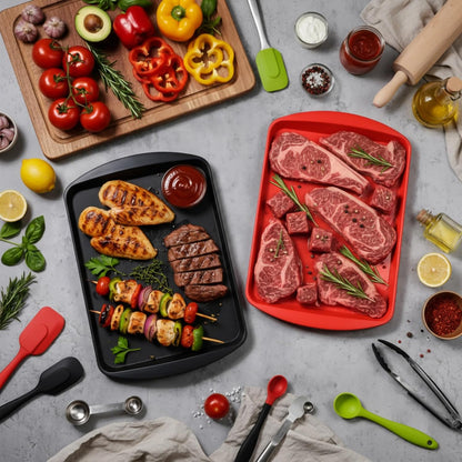 DoubleFill Set of 4 Grilling Prep and Serve Trays, 17x12 Inch 14x10 Inch Large BBQ Platter for Raw and Cooked Food Plastic Grill Tray, Black and Red Stackable Defrosting Grill Prep and Carry System