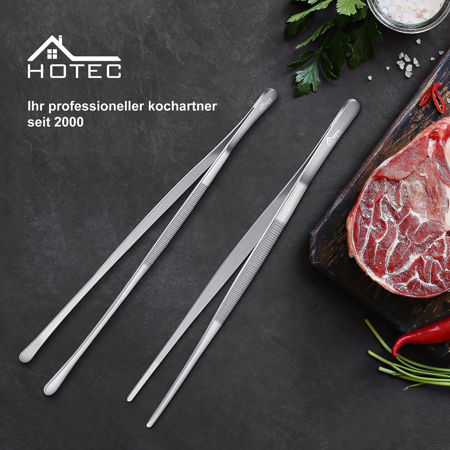 HOTEC Kitchen Tweezers Tongs Stainless Steel Professional Chef Tweezers, Set of 3-6.3", 10" and 12inch Food Tongs for Cooking, Repairing, Dessert, BBQ, Meat, Pasta
