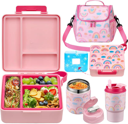 Bento Lunch Box for Kids with 17oz Soup Thermo,Insulated Tumbler Water Bottle and Insulated Lunch Bag,Leak-Proof 3 Compartment Lunch Food Container with Ice Pack for Kids to School-Horse