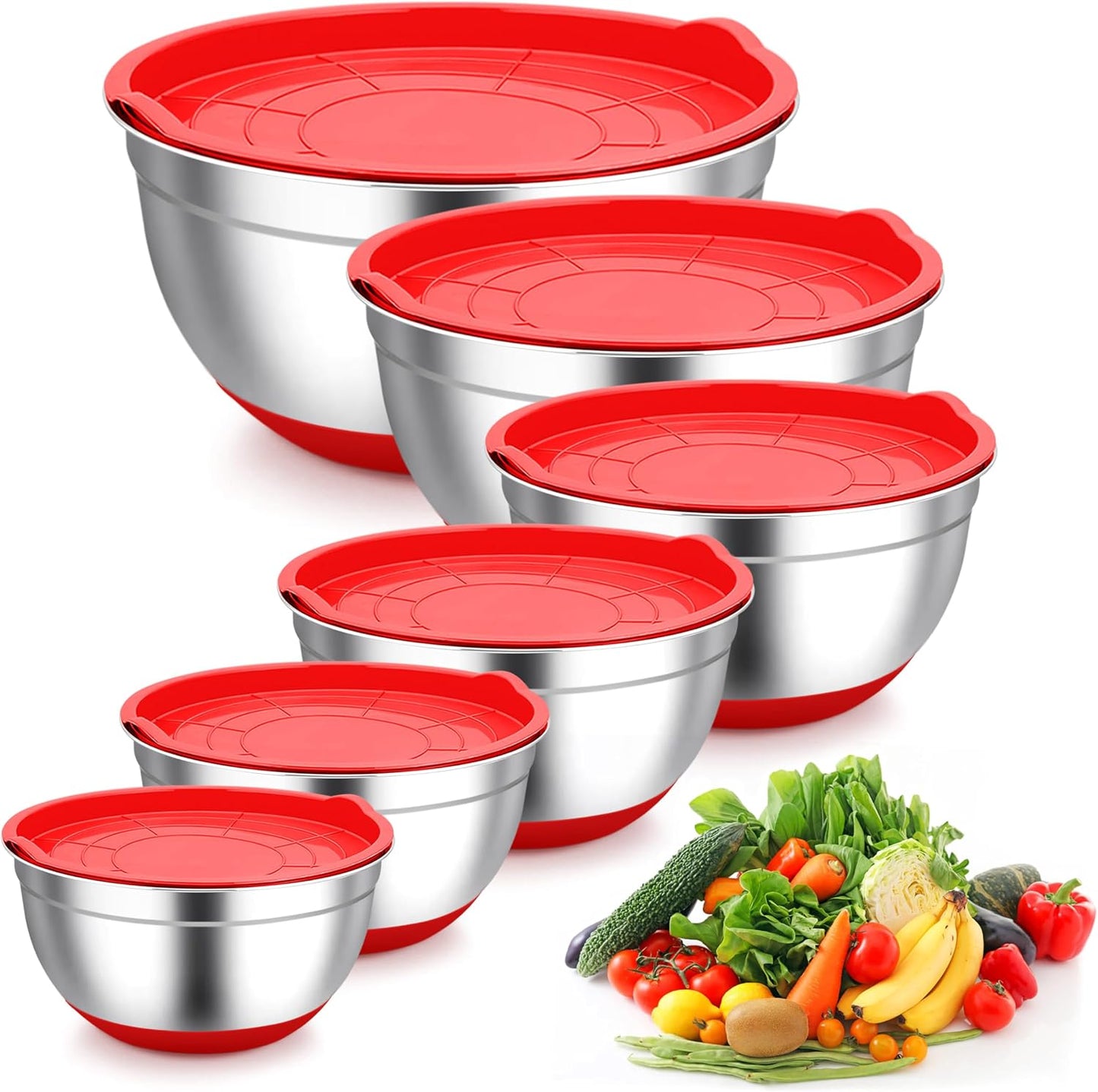 TeamFar Mixing Bowls, Stainless Steel Mixing Bowls with Lids, Nesting Salad Bowls with Air-tight Lids & Non-slip Bottom, Dishwasher Safe & Stackable, Set of 6-4.6/2.6/2 / 1.5/1 / 0.7 Qt