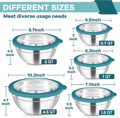 TeamFar Mixing Bowls Set, 4.5/3/1.5/1/0.7 QT Stainless Steel Nesting Salad Bowls with Airtight Lids, For Serving/Mixing/Storing, Non-Toxic & Heavy Duty, Visible & Easy Clean, Black, Set of 5