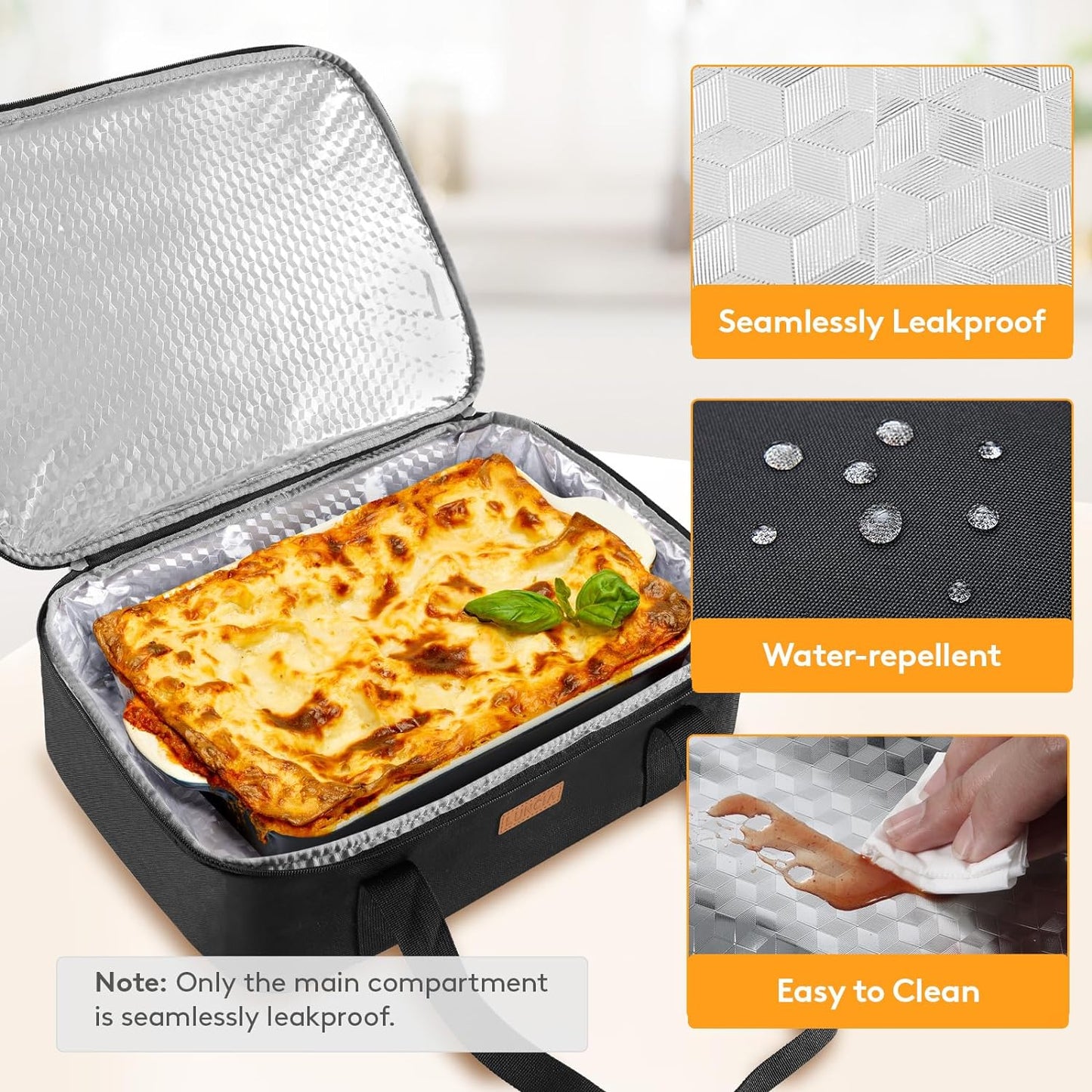 LUNCIA Insulated Single Decker Casserole Carrier, Lasagna Lugger Tote Keeps Food Hot or Cold, Thermal Lunch Bag for Potluck Parties, Picnic and Cookouts, Fits 9" x 13" Baking Dish, Black