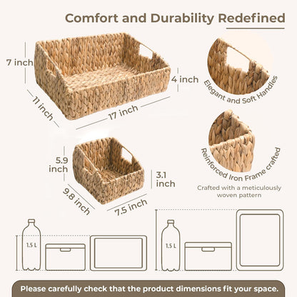 KOKODO 2-Pack Open Front Pantry Baskets, Handwoven Water Hyacinth Wicker Storage Baskets with Built-in Handles, Organizing Bins for Shelves