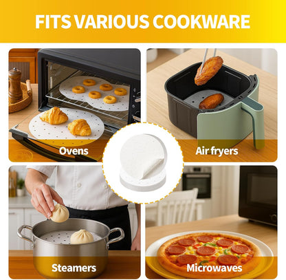 Non-Stick Bamboo Steamer Paper, 10" Round Liners with Holes for Steamer Basket, Air Fryer, Bamboo Steamers, and Oven Use
