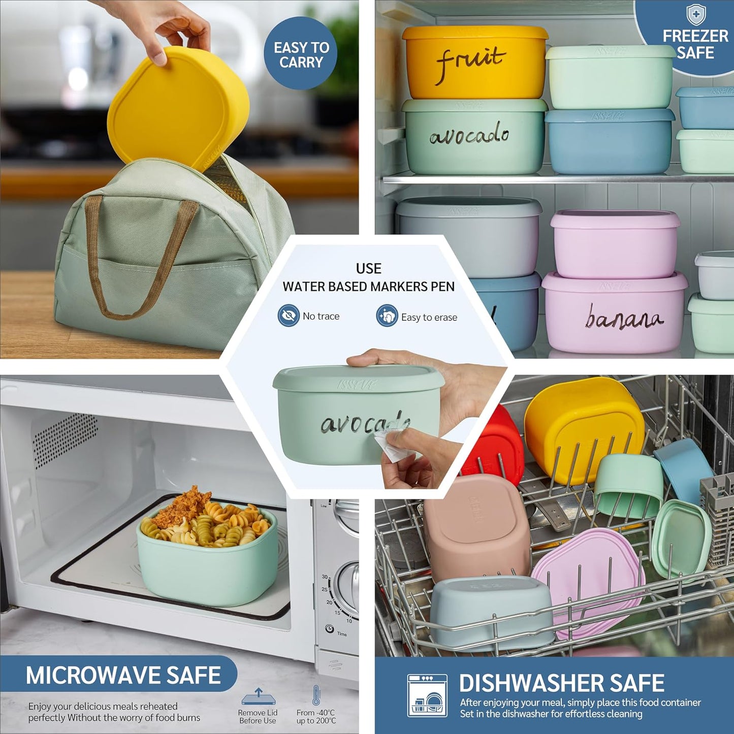 ISSEVE 12Pcs/Set Nesting Silicone Food Storage Containers with Lids, BPA Free Reusable Meal Prep Silicone Containers Airtight, Freezer Dishwasher Safe (33.8oz, 20oz, 10oz, 6.7oz, 1.3oz) (Beige)