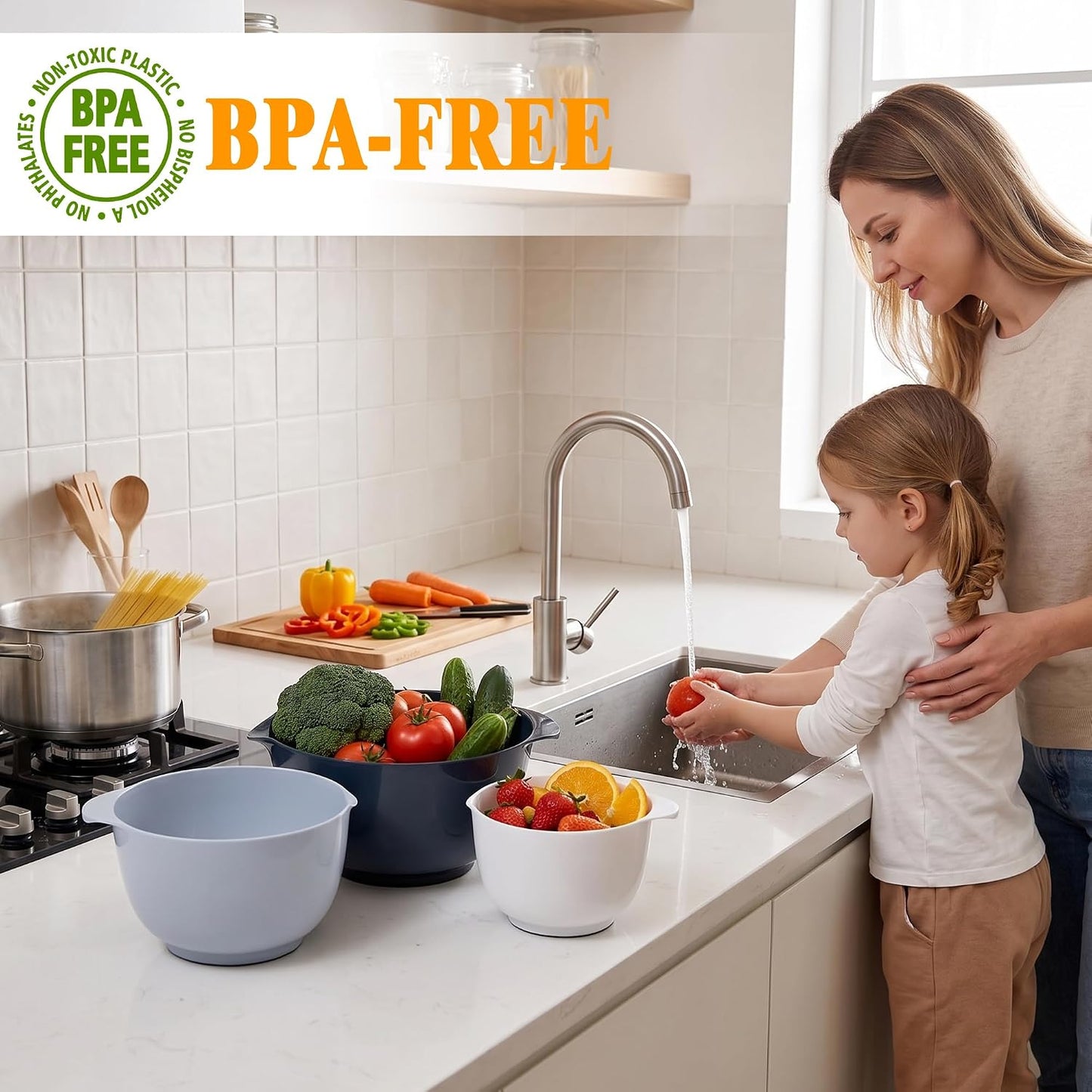 BoxedHome Nesting Plastic Mixing Bowl Set With Pour Spout, Microwave and Dishwasher Safe, BPA free Non-Slip Base, Set of 4 Size 1.7, 2.5, 3.5 and 4.5qt, Great for Prepping, Baking, Cooking (Dark Blue)