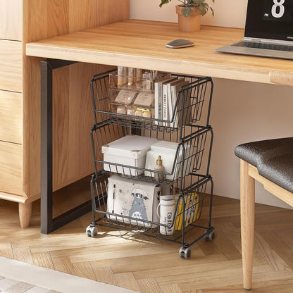 PUSDON 4-Tier Spacious Stackable Wire Storage Baskets with Wheels, Metal Rolling Utility Cart Organizer, Fruit and Vegetable Produce Basket for Kitchen Pantry, Everyday Bathroom Shelf, Silver Grey