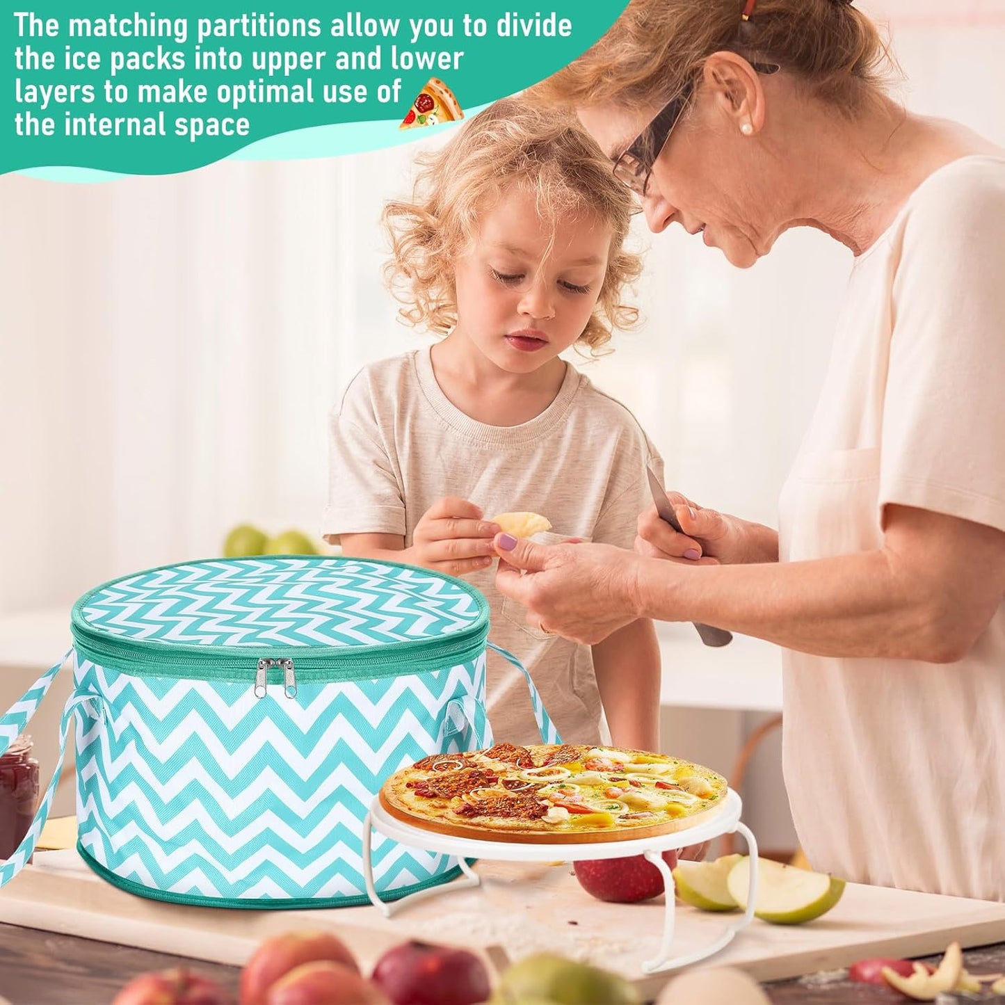 Pickmesh Round Pie Carrier 12 x 7 Inch Insulated Casserole Carriers with Lid and Detachable Handle for Hot or Cold Food Cake Transport Thanksgiving Christmas Gift(Cyan White Zigzag)