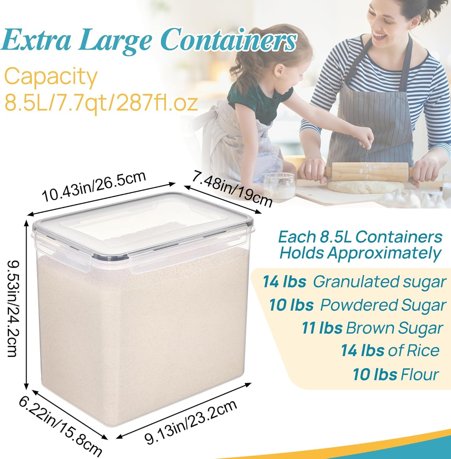 Vtopmart 4 PCS Large Food Storage Containers 5.2L / 175oz, 4 Pieces BPA Free Plastic Airtight Canisters for Flour, Sugar, Baking Supplies, Rice with Lids, 4 Measuring Cups and 24 Labels, Black