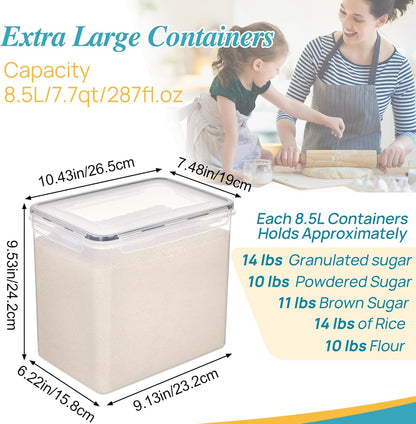 Vtopmart 4 PCS Large Food Storage Containers 5.2L / 175oz, 4 Pieces BPA Free Plastic Airtight Canisters for Flour, Sugar, Baking Supplies, Rice with Lids, 4 Measuring Cups and 24 Labels, Black