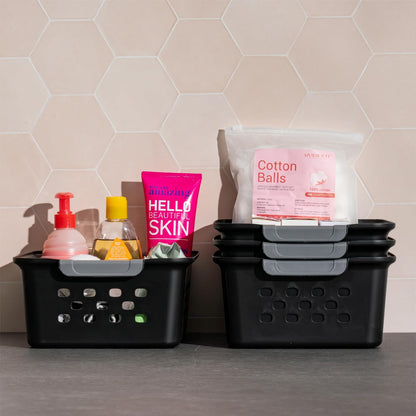 IRIS USA Plastic Storage Baskets, 6-Pack, Made in USA, Shelf Baskets Small Baskets Organizing Bins for Pantry Countertops Closet Shelves Laundry Room Office, Multi-Purpose, Nestable, Easy Carry, Black