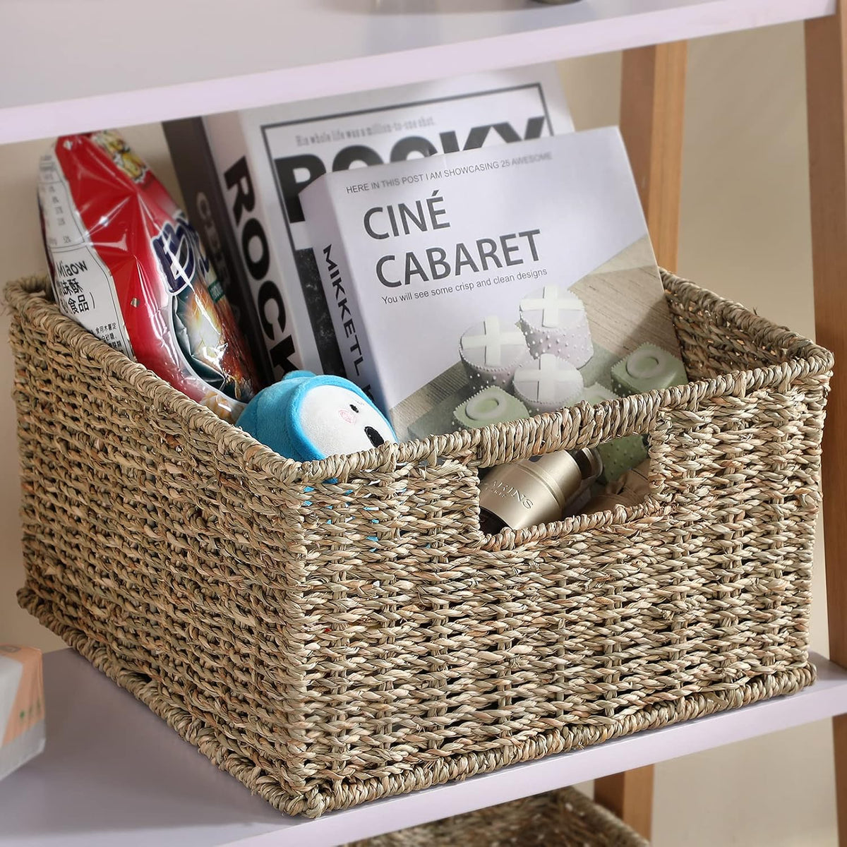 HOONEX Water Hyacinth Storage Baskets, Wicker Baskets for Storage, Hand Woven Baskets with Carry Handles, Set of 2, Natural