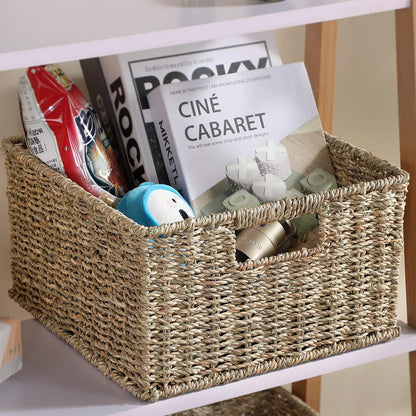 HOONEX Water Hyacinth Storage Baskets, Wicker Baskets for Storage, Hand Woven Baskets with Carry Handles, Set of 2, Natural