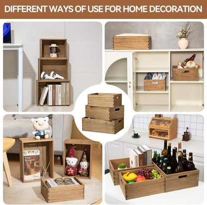 KIRIGEN Nesting Wood Crates with Handles, Set of 3 Storage Boxes Natural | 3 Different Size Decorative Box Organizer for Towels, Books, Crafts Fully Assembled
