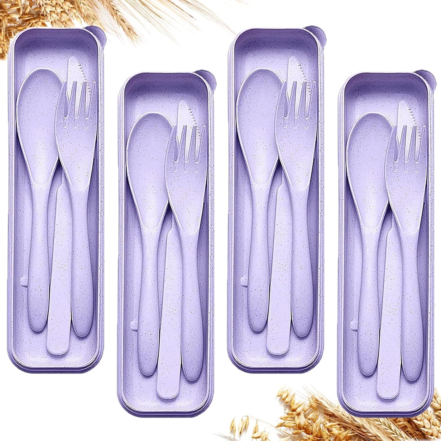 Reusable Travel Utensils Set with Case, 2 Sets Wheat Straw Portable Plastic Fork Spoons Knife Cutlery, Camping Eco-Friendly BPA Free Tableware for Kids Adults Work Picnic or Daily Use (Pink)