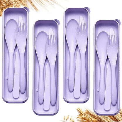 Reusable Travel Utensils Set with Case, 2 Sets Wheat Straw Portable Plastic Fork Spoons Knife Cutlery, Camping Eco-Friendly BPA Free Tableware for Kids Adults Work Picnic or Daily Use (Pink)