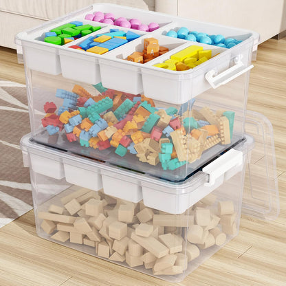 40Qt Stackable Storage Bins with Lids & Trays, Clear Plastic Latching Boxes Organizers with Dividers Portable 10Gal Containers for Arts & Crafts, Home and Car Trunk Organization, 2Pack