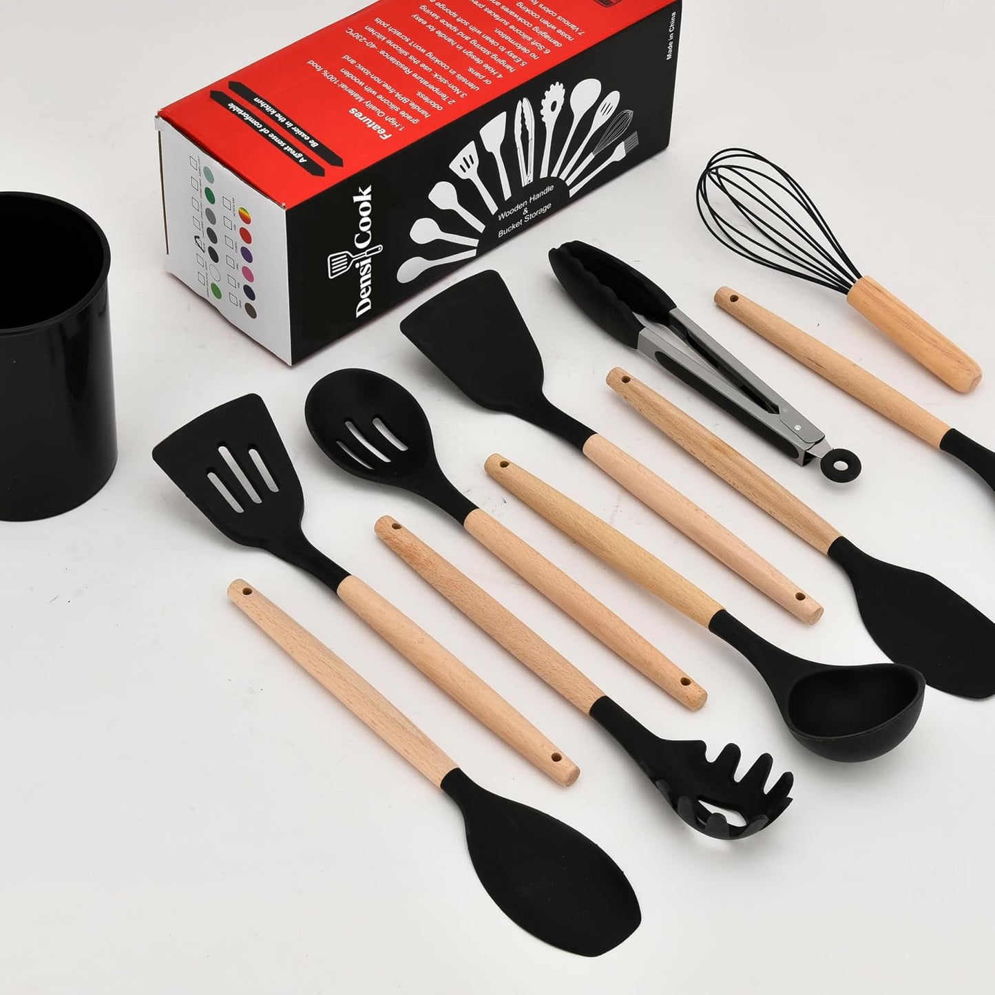 Silicone Cooking Utensils Set - 446°F Heat Resistant Silicone Kitchen Utensils Set, Spatula,Turner Tongs, Spoon, Whisk,Kitchen Gadgets for Nonstick Cookware, BPA Free（Black）