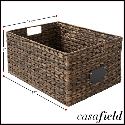 Casafield Set of 4 Water Hyacinth Pantry Baskets, 10" x 13" x 5", with Chalkboard Labels and Chalk Marker - Natural, Woven Storage Bin Organizers for Kitchen Shelves