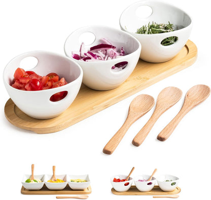 Miamolo Chip and Dip Serving Set, Dipping Sauce Bowls Divided Serving Dishes with Wooden Spoons, Ceramic Dip Bowl Display Serving Tray for Party Dinner Entertaining