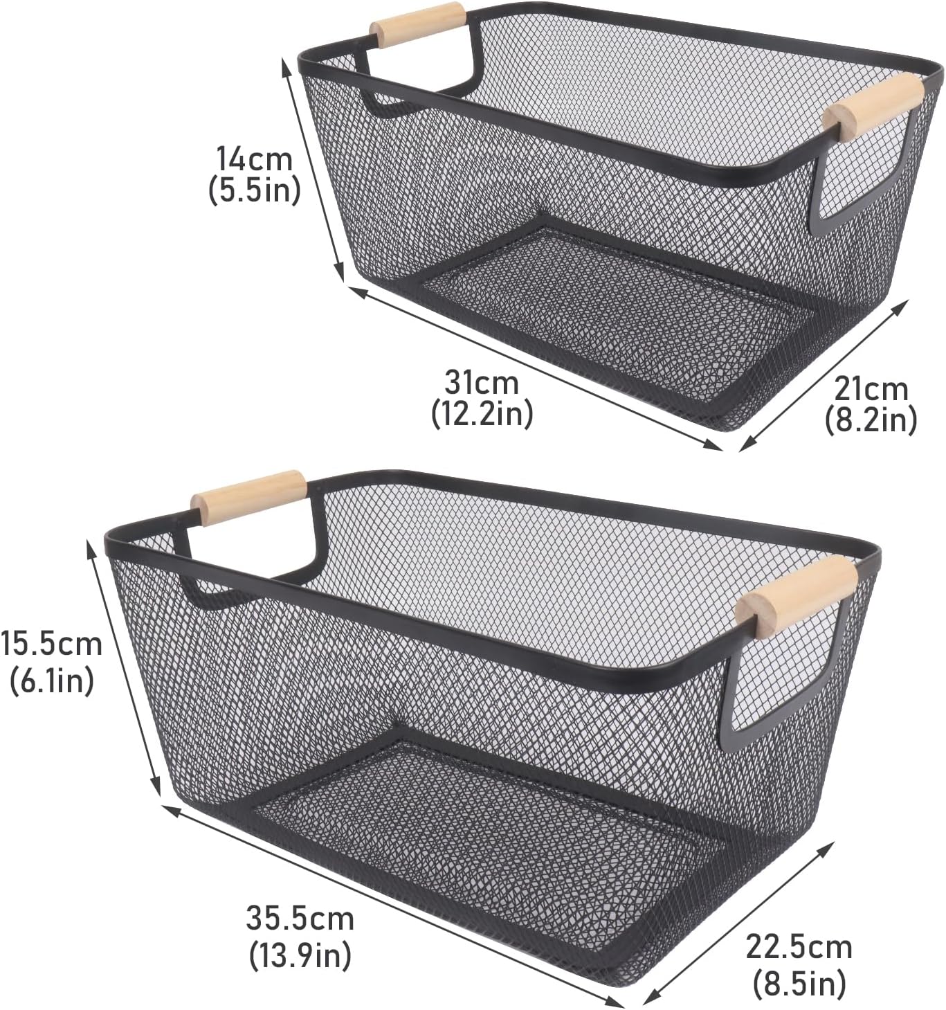 Potato and Onion Storage Bin, 2 Set Potato Bin Storage and Onion Container with Wooden Handle, Pantry Kitchen Organization and Storage, Metal Mesh Baskets for Fruit, Vegetable, Produce-White