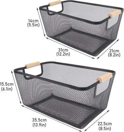 Potato and Onion Storage Bin, 2 Set Potato Bin Storage and Onion Container with Wooden Handle, Pantry Kitchen Organization and Storage, Metal Mesh Baskets for Fruit, Vegetable, Produce-White