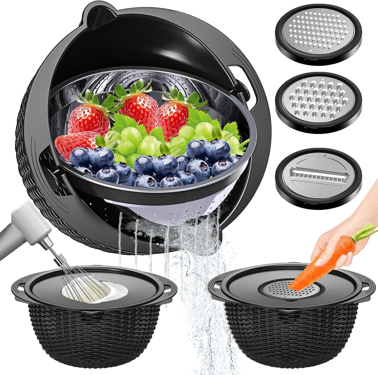 4-in-1 Colander with Bowl Set — Patented 360° Rotatable Strainer Bowl with 3 Graters, Snap-On Lid & Non-Slip Base, Funny Kitchen Present for Women, Aesthetic Pasta Fruit Vegetable Strainer (Beige)