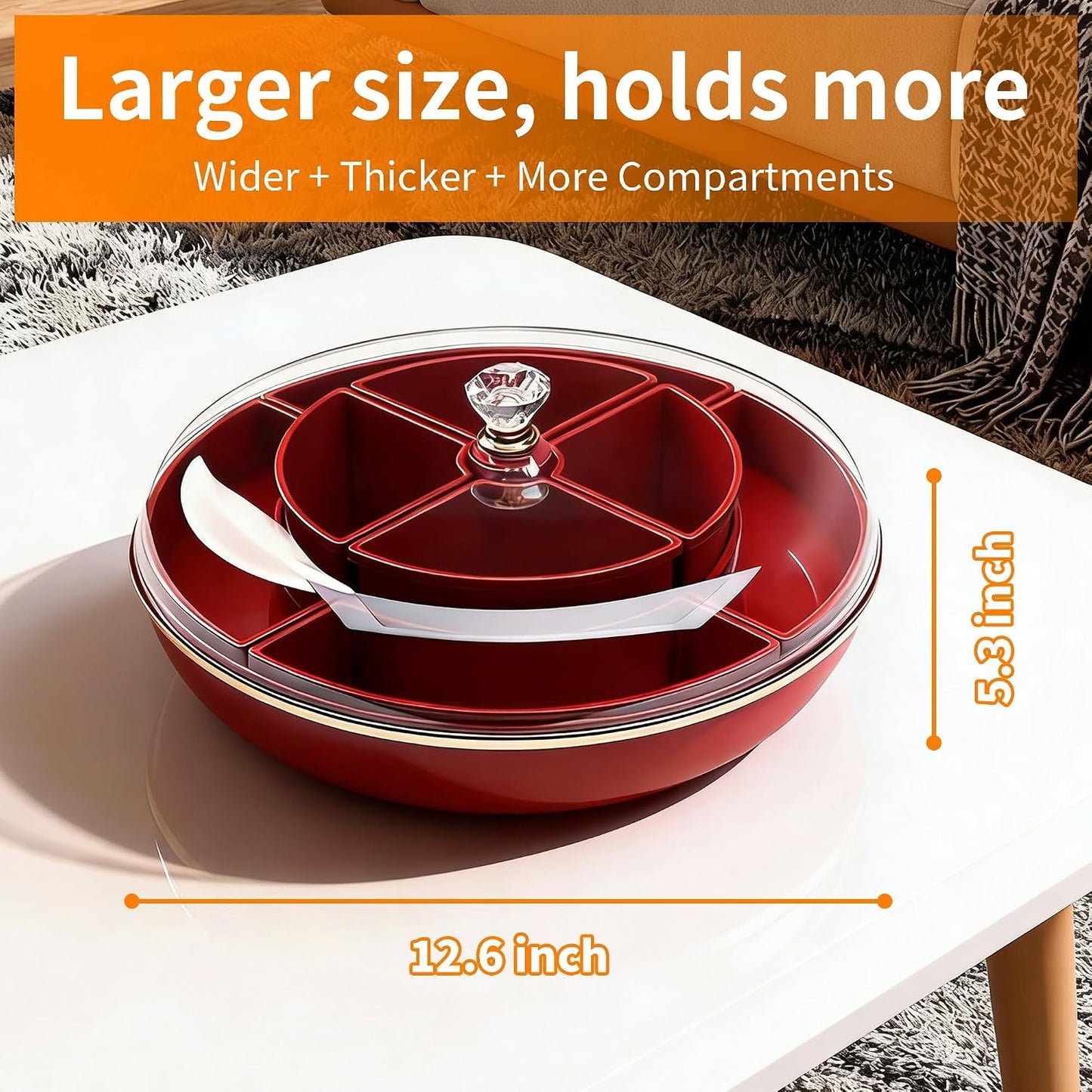 Large 8-Compartment Rotating Snack Tray with Lid, Food Grade PP Divided Serving Tray with Removable Dividers, 360° Spin for Party, Fridge Storage, Fruits & Nuts (Cream White)