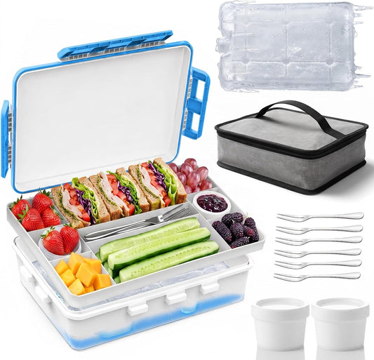 Chilled Snackle Box Divided Serving Tray with Ice Pack Individual Lids Container,Portable Freezer Cooler Picnic Travel Snack Container for Beach Camping Road Trip Essentials Insulated Bag