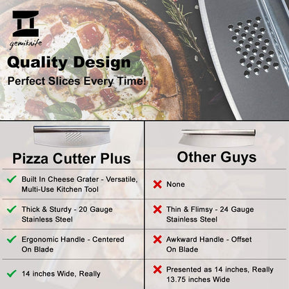 gemiknife Pizza Cutter Plus. Premium 14” Sharp Rocker Slicer + Built In Cheese Grater. Thick & Sturdy Stainless Steel Blade + Centered Handle + Protective Knife Cover + Dishwasher Safe.