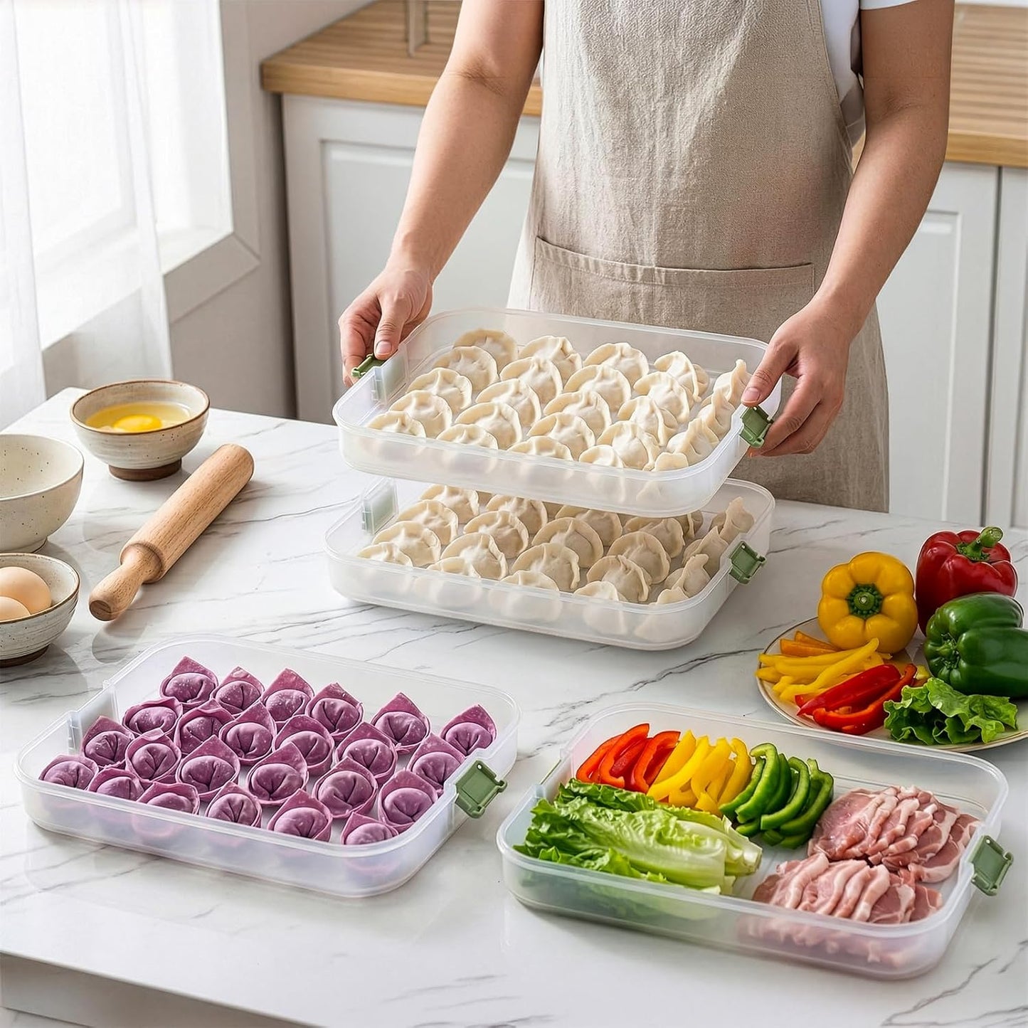 WUWEOT Plastic Cookie Storage Box with 4 Layers, Transport Snack Container Cookie Carrier, Stackable Dumpling Box Refrigerator Container with Lid and Handle for Desserts Cupcakes Snacks Dumplings