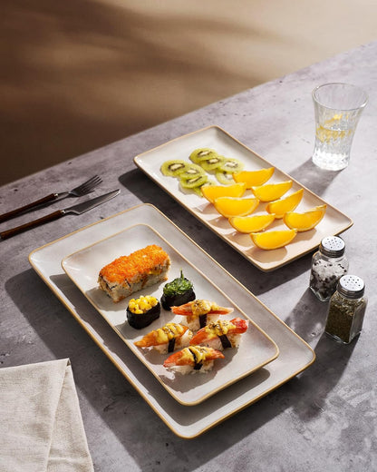 Famiware Serving Platter, Rectangular 15.67/14.1/12.6inch Serving Dishes for Entertaining, Microwave Dishwasher Safe, Stoneware Serving Trays for Party, Turkey, Cheese, Ocean Series, Cappuccino White