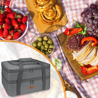 Quilted Double Decker Casserole Carrier - Expandable Dish Carrying Case for Hot or Cold Food, Lasagna Holder for Potluck Parties, Picnic, Beach, Fits 9"×13" Baking Dish (Black)