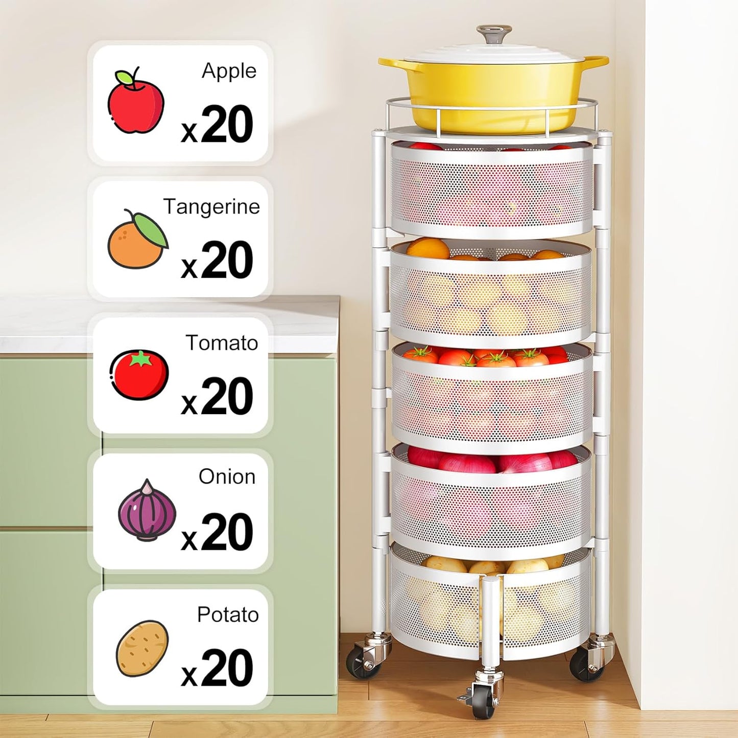 SNTD Fruit and Vegetable Basket Bowls for Kitchen with Metal Top Lid, 5 Tier Rotating Storage Rack Cart for Potato Onion Bread Banana, Wire Basket Organizer on Wheels, Large, Black