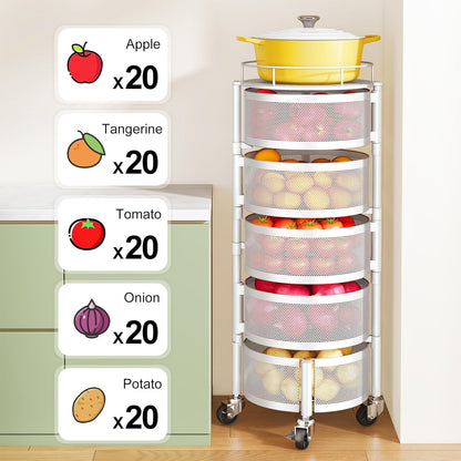 SNTD Fruit and Vegetable Basket Bowls for Kitchen with Metal Top Lid, 5 Tier Rotating Storage Rack Cart for Potato Onion Bread Banana, Wire Basket Organizer on Wheels, Large, Black