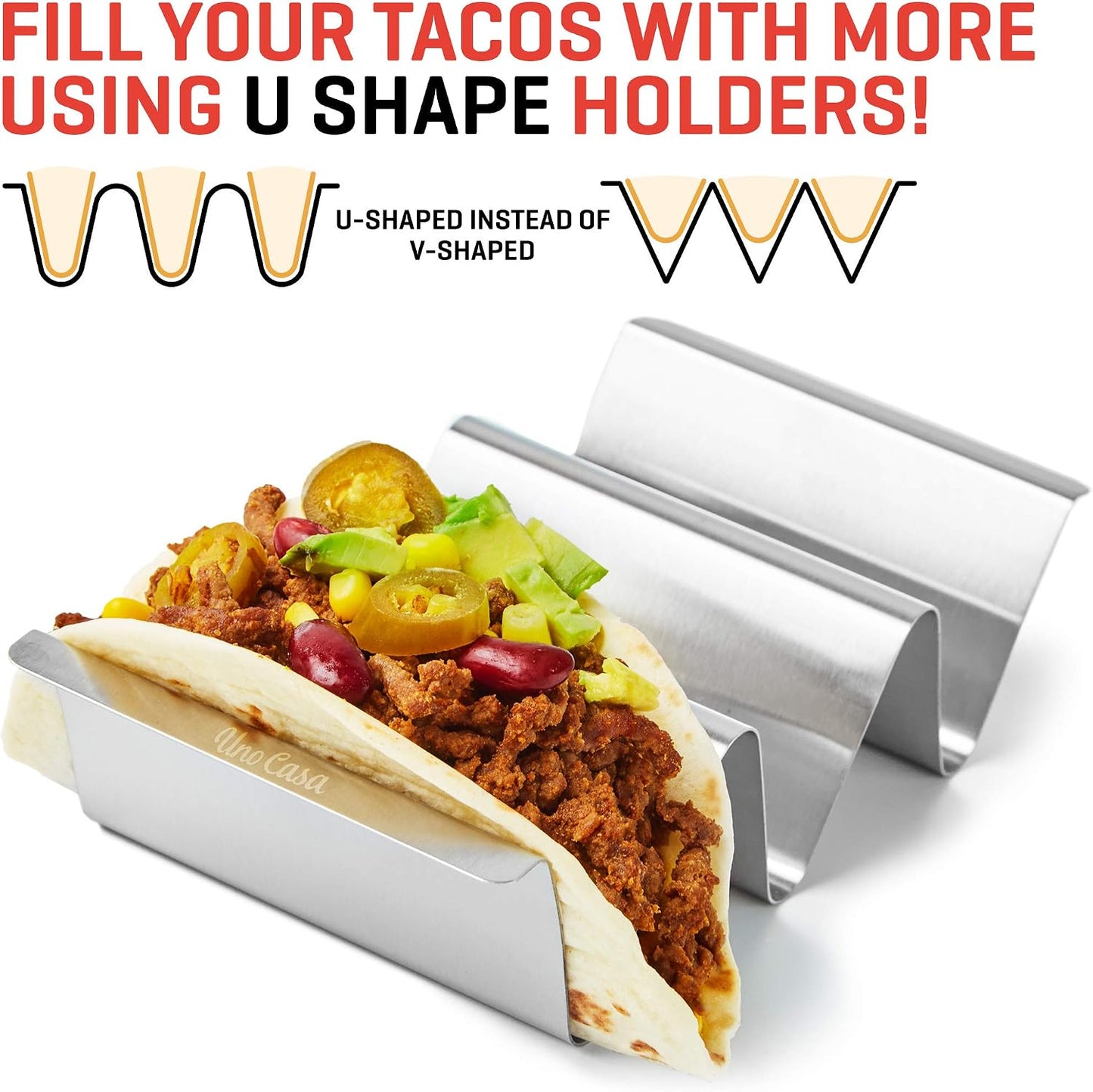 Uno Casa Metal Taco Holder Set of 6 - U-Shaped Taco Holders for Griddle - Stainless Steel, Dishwasher Safe, Suitable for Oven - Perfect for Party & Fun Gatherings - Recipe Book Included