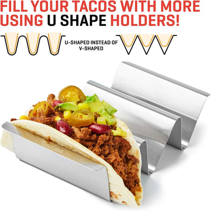 Uno Casa Metal Taco Holder Set of 6 - U-Shaped Taco Holders for Griddle - Stainless Steel, Dishwasher Safe, Suitable for Oven - Perfect for Party & Fun Gatherings - Recipe Book Included