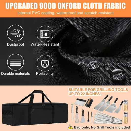 Grill Tool Storage Bag, Outdoor BBQ Utensil Storage with Pockets for BBQ Tools up to 22", Large Grilling Utensil Holder Storage Caddy, Barbecue Tool Sets Case for Camping Picnic,Bag Only,Black