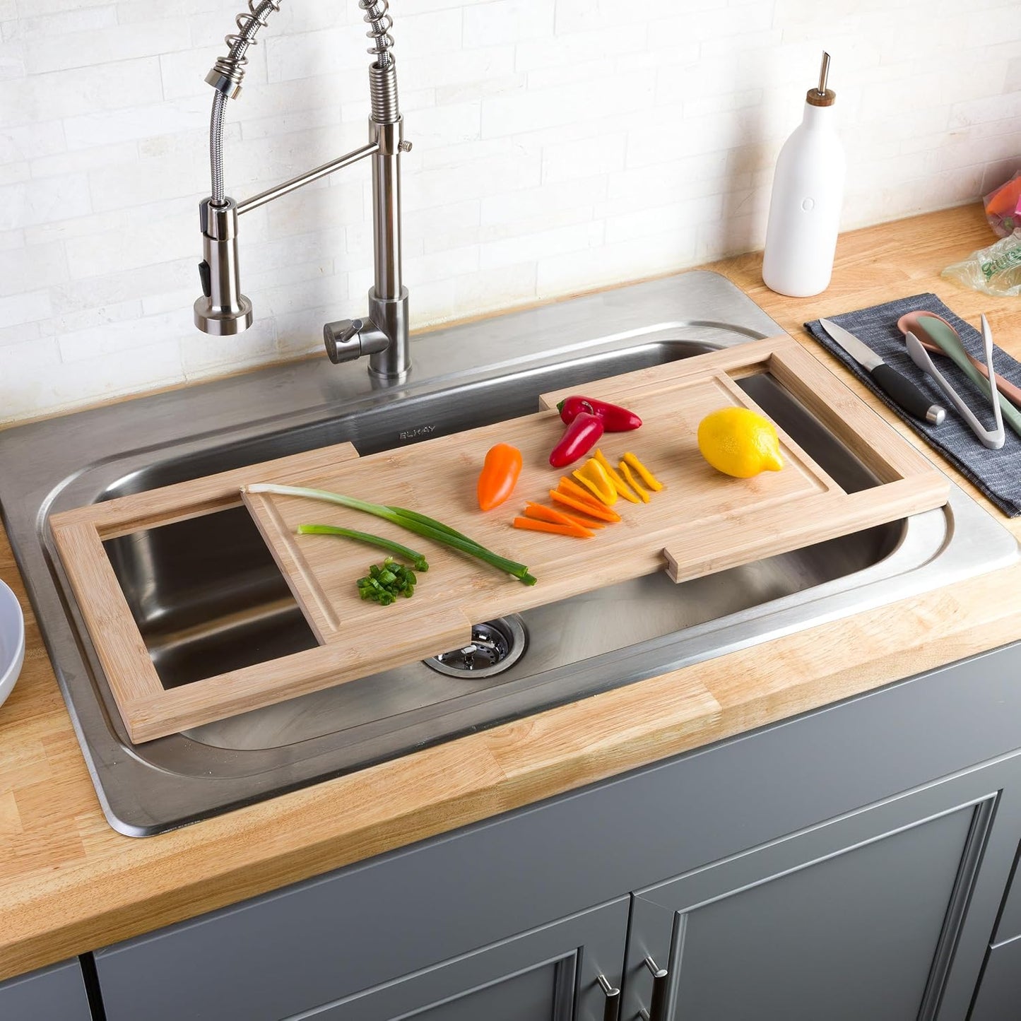 Classic Cuisine 2 in 1 Cutting Board with Strainer, Natural, 13.2” x 11.5”