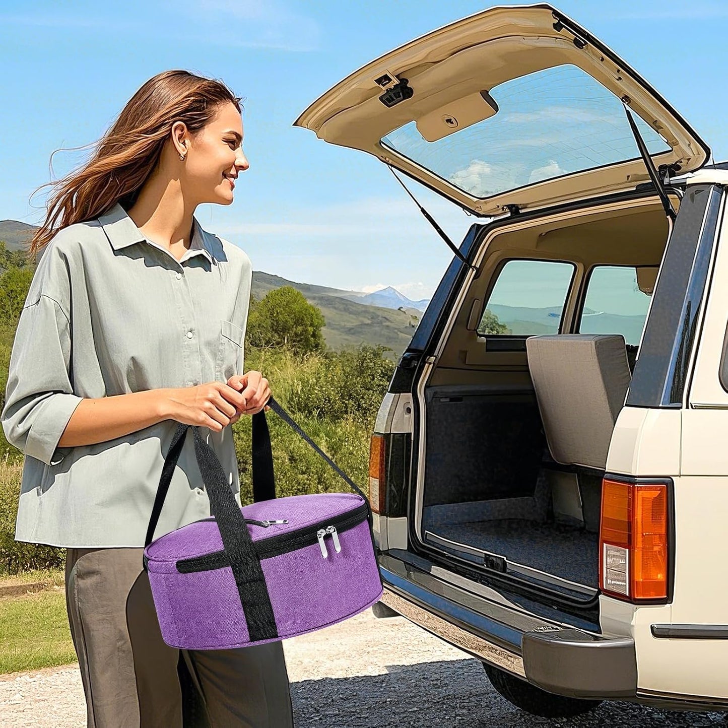 Round Insulated Casserole Carrier – 12" Portable Pie Carrier Bag for Hot or Cold Food, Leakproof Thermal Lunch Tote with Handle for Parties Picnic & Travel - Grey