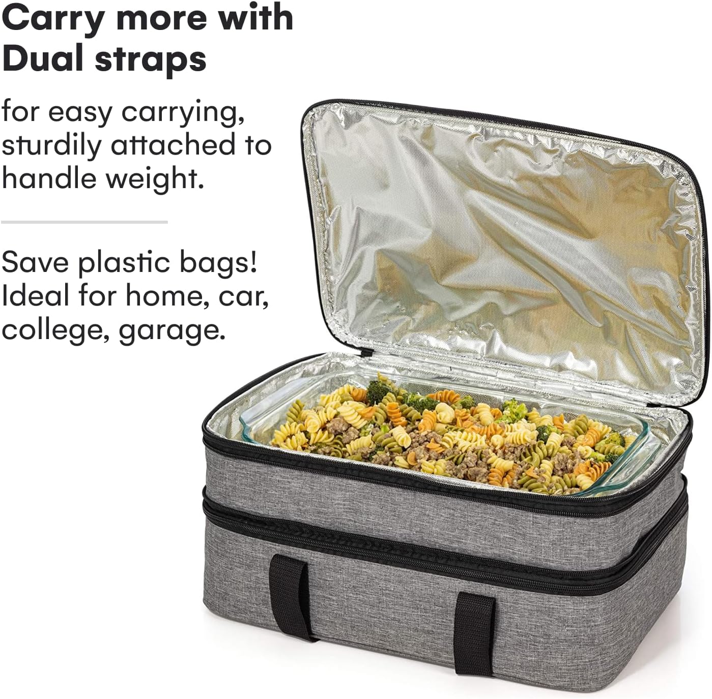 VP Home Large Casserole Carrier - Double Compartment Insulated Bag for Hot or Cold Food - Cupcake Carrier - Insulated Tote Bag with Lid for Travel Parties or Food Transport Containers - Heather Gray
