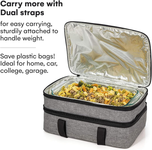 VP Home Large Casserole Carrier - Double Compartment Insulated Bag for Hot or Cold Food - Cupcake Carrier - Insulated Tote Bag with Lid for Travel Parties or Food Transport Containers - Heather Gray