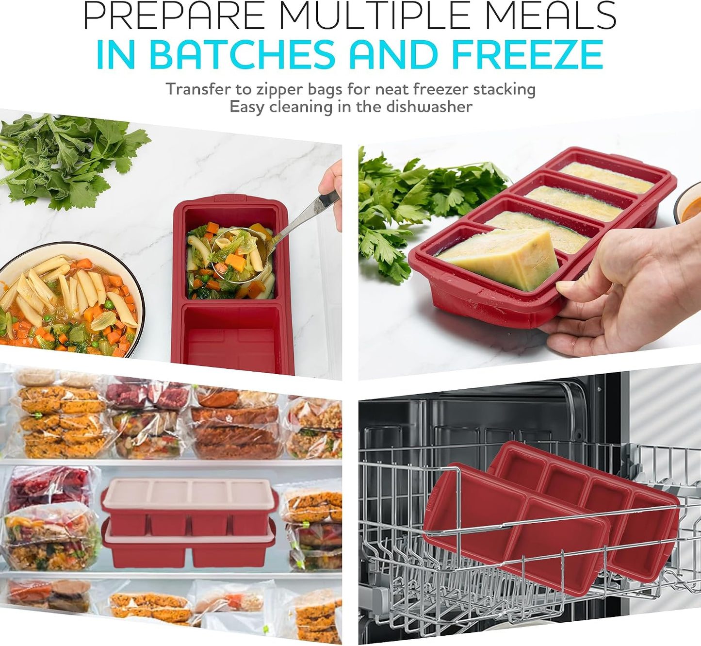 Silicone Freezer Tray With Lid-Soup Freezer Container molds-Large Ice Cube Tray Set Makes 1-Cup & 2-Cup portions cubes Perfect for preparing meals in different portion sizes Oven & Dishwasher -Safe