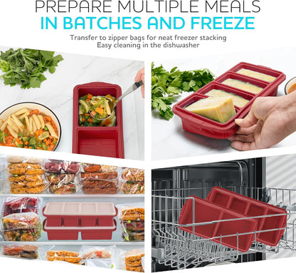 Silicone Freezer Tray With Lid-Soup Freezer Container molds-Large Ice Cube Tray Set Makes 1-Cup & 2-Cup portions cubes Perfect for preparing meals in different portion sizes Oven & Dishwasher -Safe