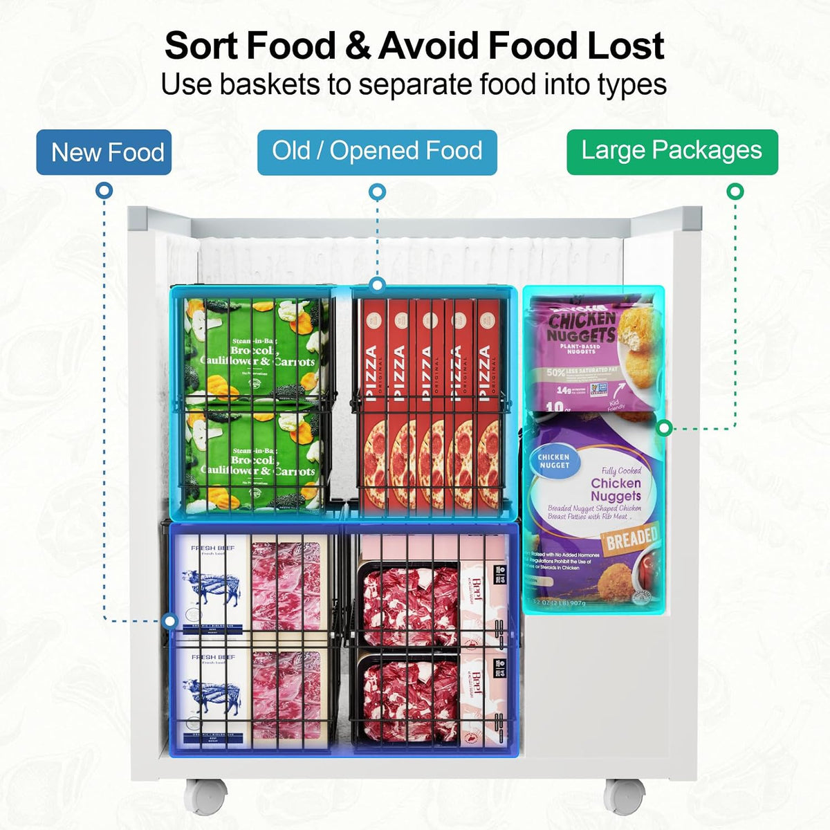 iSPECLE Deep Freezer Organizer Bins - Height-Adjustable Fit 12" Pizza, 2Pcs | Extra Large, Stackable For 5 to 7 Cu. Ft Chest Freezers, Easily Sort and Get Frozen Foods with Handles, No Digging, Black