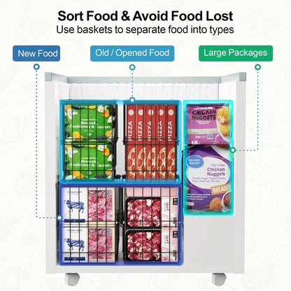 iSPECLE Deep Freezer Organizer Bins - Height-Adjustable Fit 12" Pizza, 2Pcs | Extra Large, Stackable For 5 to 7 Cu. Ft Chest Freezers, Easily Sort and Get Frozen Foods with Handles, No Digging, Black