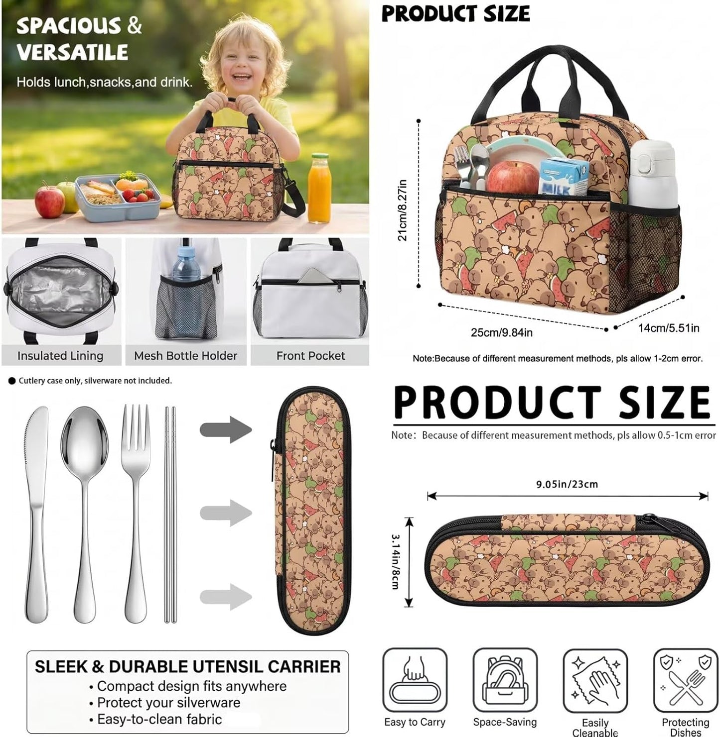Cute Capybara Pizza Backpack for Girls, 5 Pcs Boys School Bag Set for Kids, 17 Inch Backpacks Lunch Pencil Box Reusable Utensils Case Set for Middle Elementary School, 3rd Grade Backpack