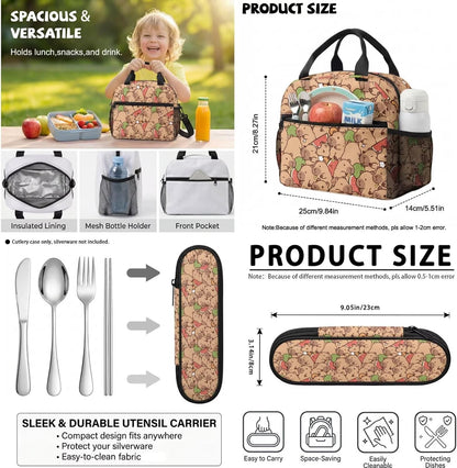Cute Capybara Pizza Backpack for Girls, 5 Pcs Boys School Bag Set for Kids, 17 Inch Backpacks Lunch Pencil Box Reusable Utensils Case Set for Middle Elementary School, 3rd Grade Backpack